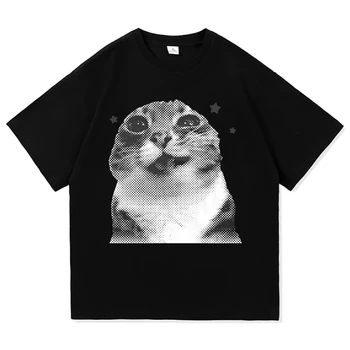 Y2k Funny Cat Meme T Shirt Clothing Harajuku Tops O-neck Short SleeveTshirts Girl Harajuku Anime Cartoon Cat Female Summer Tops 1