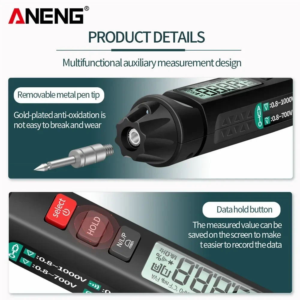트루 RMS 펜 멀티테스터 사운드 라이트 스크린 알람 NCV 제로 파이어 감지 연속성 부저 전기 측정 ANENG A3007