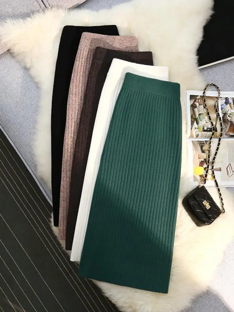 

2023 New Sweater Knitted Skirt Women Autumn Winter Simple Style A-line Skirt Female Elegant Fashion High Waist Midi Skirts Lady