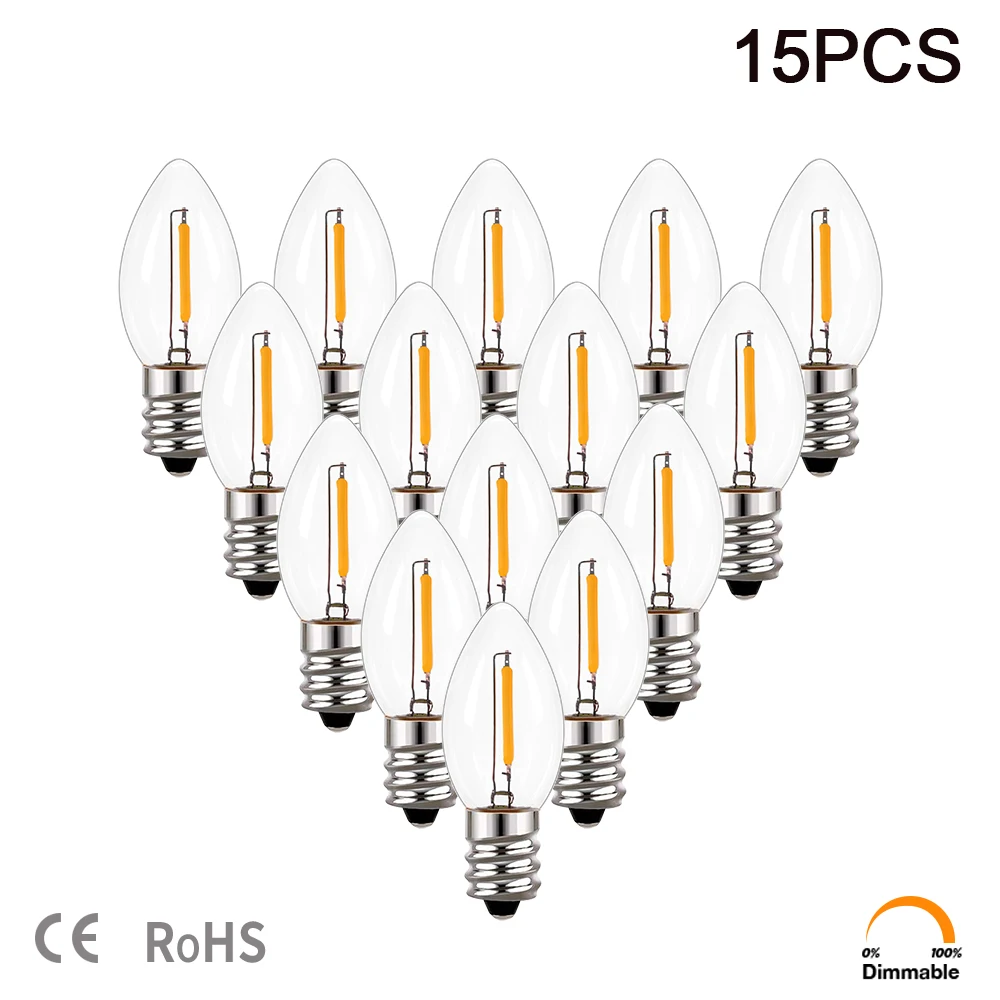 C7 LED Night Light Bulbs 0.5W  LED Filament Bulbs E12 Candelabra Clear Glass Candle Bulbs Warm White 2700K for String Lights