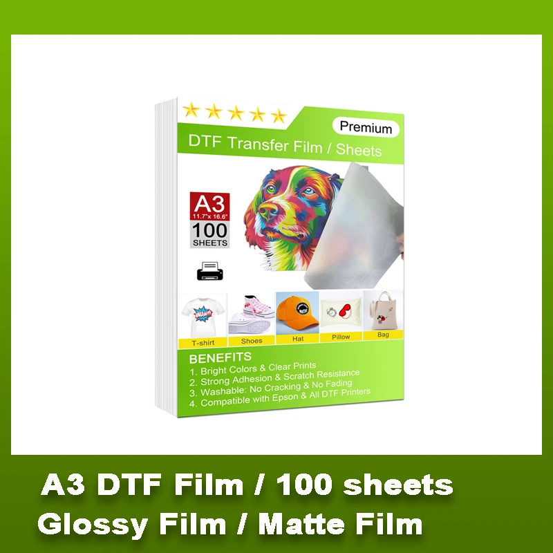 CFINK DTF 필름 A3 PET 전사 필름 75미크론 (엡손 L805 I1600 I3200 4720 XP600 DTF 프린터용, DTF 잉크 인쇄용 DTF 용지)