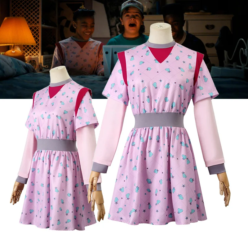 

Anime Stranger Things Season 4 Erica Sinclair Cosplay Costume Pink Dress Halloween Stage Role Play Costumes Women