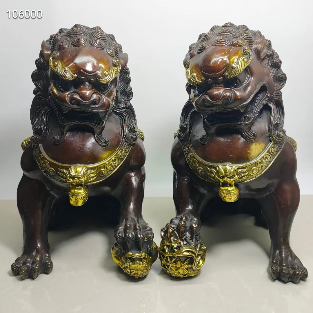 

2 Piece Superb Fortune Lion Statue Lucky Foo Dog Sculpture Bless Raise Energy Mascot Brass