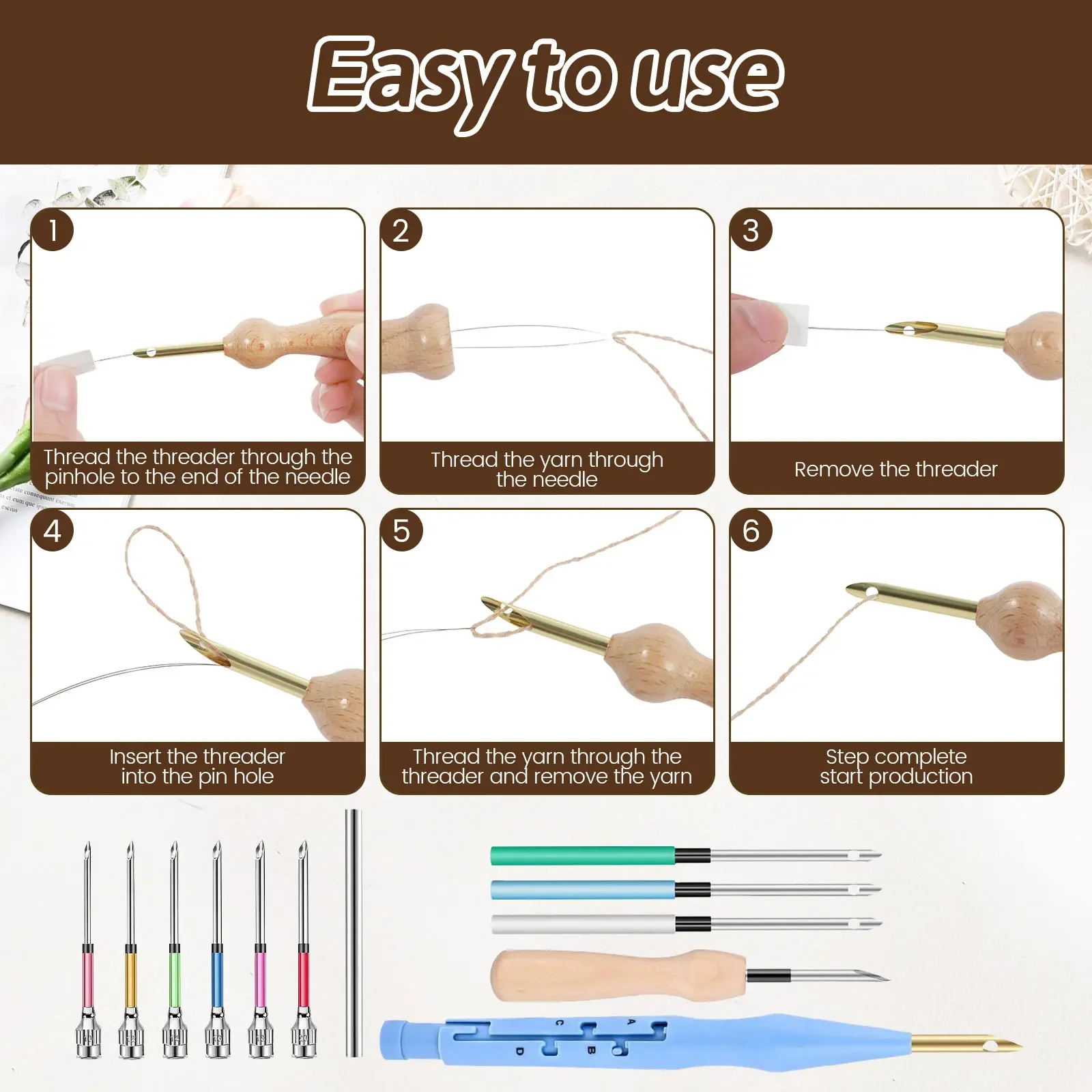 17Pcs Punch Needle Embroidery Kits Wooden Yarn Clothes Embroidery Pen Crochet Knitting DIY Craft Stitching Sewing Tools