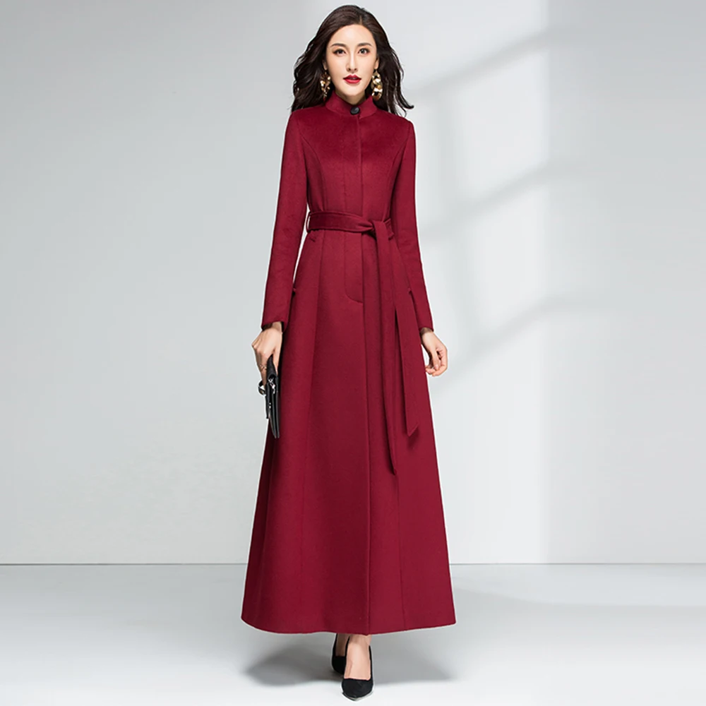 

New Women Woolen Coat Autumn Winter Elegant Stand Collar Belt Slim Overlength Wool Blends Coat Basic Burgundy Long Overcoat