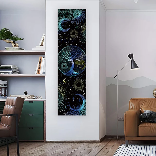Tapisserie d'art arbre de vie bleu pour salon chambre à coucher, tapisserie esthétique verticale soleil lune tenture murale colorée, décoration de maison 1