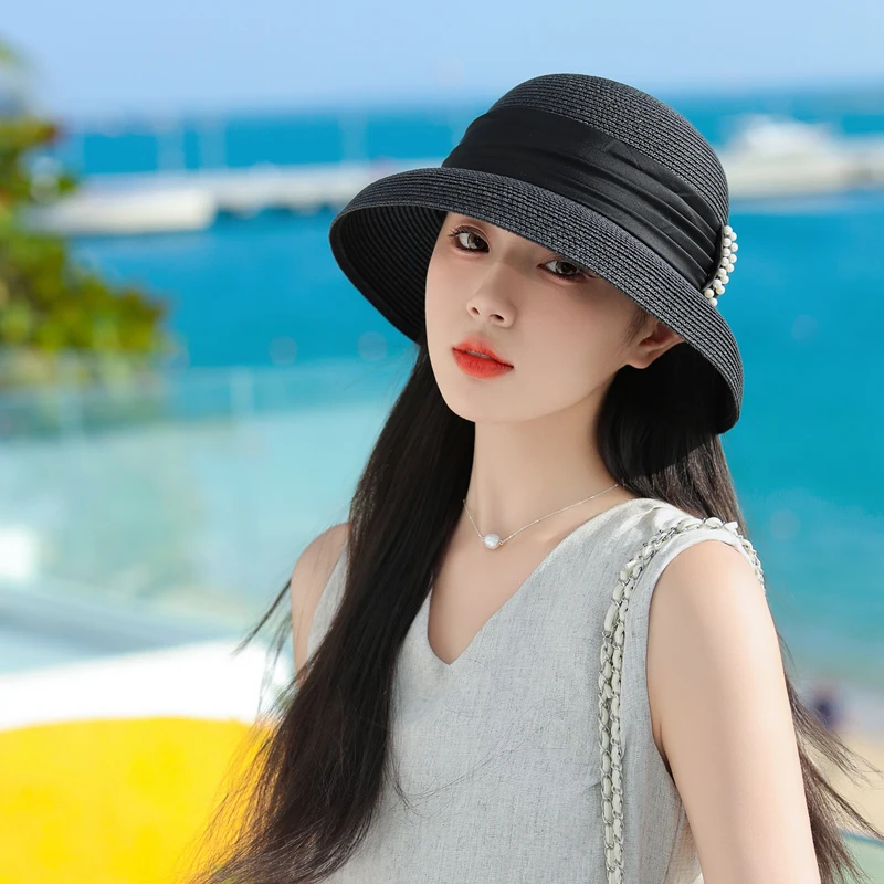 Straw Hat for Women Sunscreen Holiday Travel Beach Cap Retro Hepburn French Style Bucket Hat Pearl Decoration Fisherman Sun