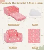 2-in-1 Glow in Dark Kids Sofa with Blanket & Pillow, Foldable Toddler Couch for Girls Boys, Medium Pink 3