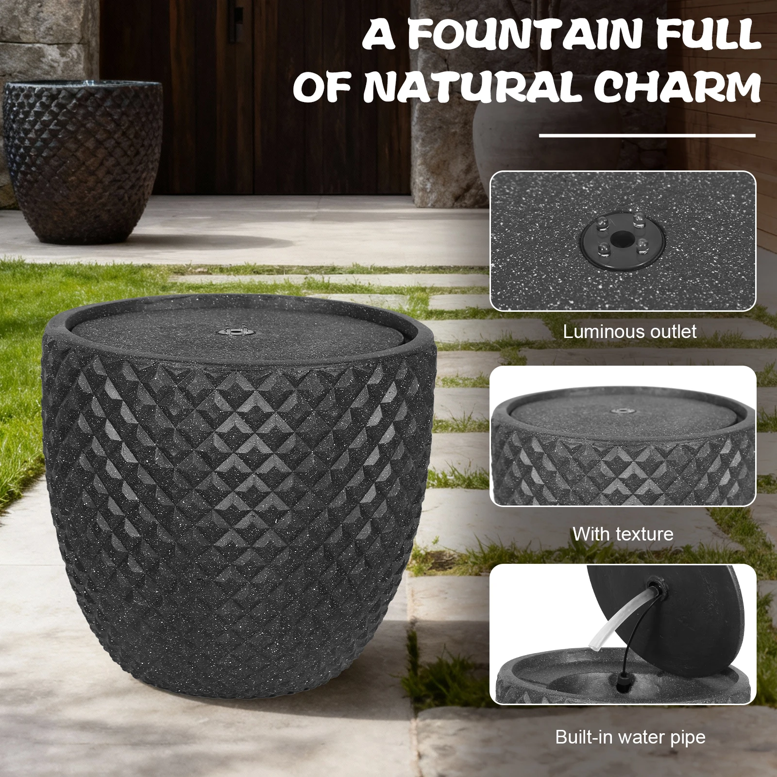 13 Inch High Solar Water Fountain Outdoor Freestanding Fountain Round Stone with LED Lights and Pump for Garden Patio Deck Porch