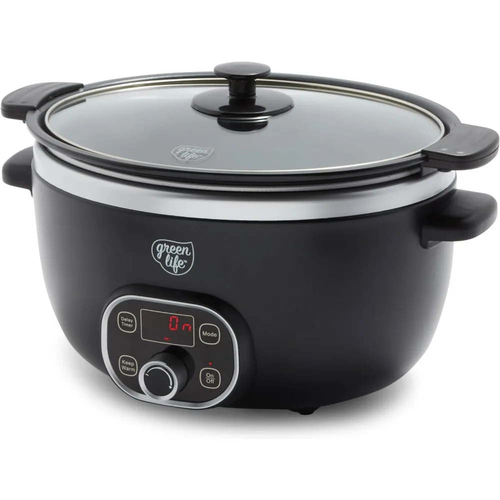 

Healthy Ceramic Nonstick Programmable 6 Quart Family-Sized Slow Cooker, PFAS-Free, Digital Timer, Adjustable Temperature Control