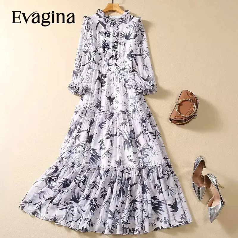 

Evagina New Fashion Runway Designer Women's Stand Collar Long-Sleeved Wooden Ear Decorated Print Boho Style White Dress