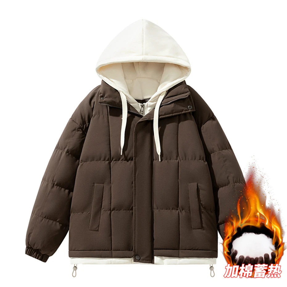 Hooded Patchwork Parkas Men Winter Thick Jacket Coats Fashion Casual Hooded Parkas Male Loose Jackets Black