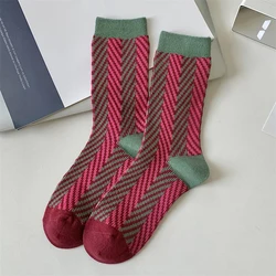 Women's Novelty Fashion Crew Socks - Absorbent & Breathable Autumn Colors - One Size (Pink Green Striped)