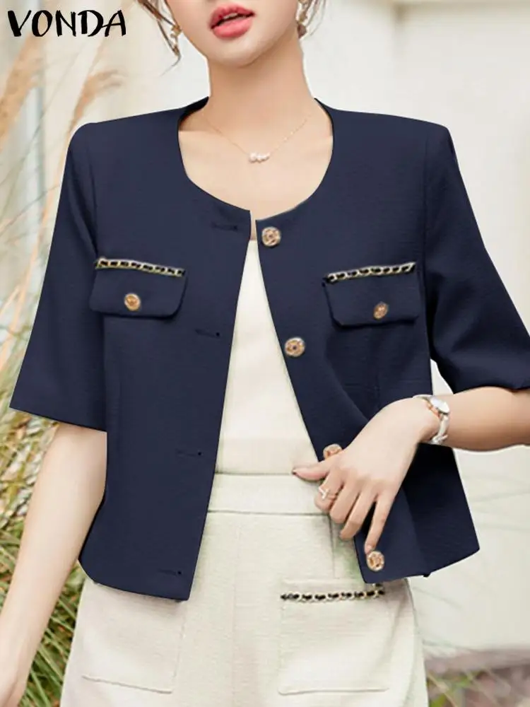 VONDA Elegant Office Shirts Women Blazer 2024 Fashion Short Sleeve Tops Solid Color Buttons Tunic Casual Loose Coats Oversized