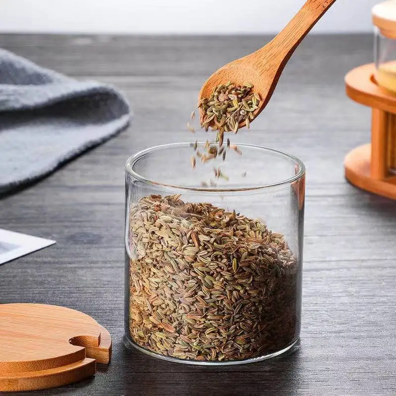 Glass Seasoning Jar Salt Shaker 3 Piece Set with Bamboo Spoon Cover Kitchen Supplies Wooden Tray