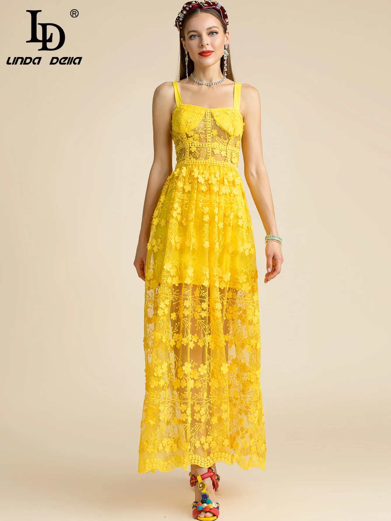 

LD LINDA DELLA Fashion Designer Summer Dress Women's Spaghetti Strap Gold Mesh Floral Embroidery Long Vintage Party Dresses