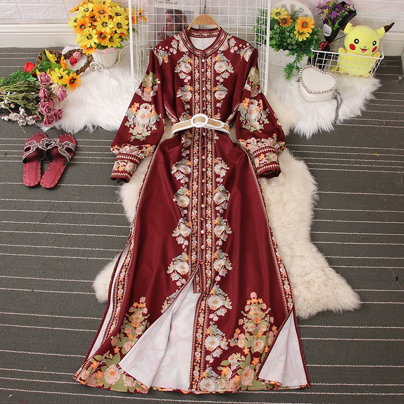 

Женское однобортное платье с длинным рукавом-фонариком, винтажное длинное платье на веревке с цветочным принтом, весна-осень