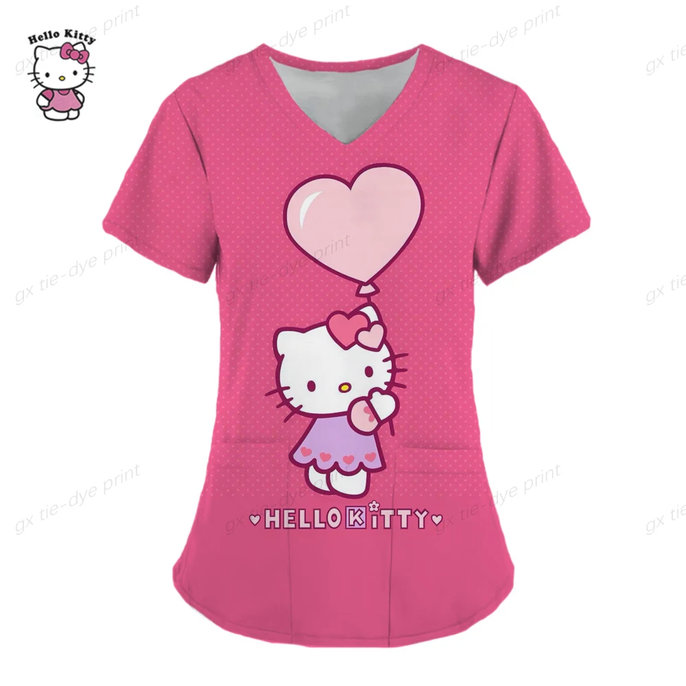 thumbnail image 1 of Uniforme de enfermera con estampado de Hello Kitty para mujer, uniforme de enfermería con bolsillo, camisa de trabajo para enfermeras, personal de enfermería, 1 of 5