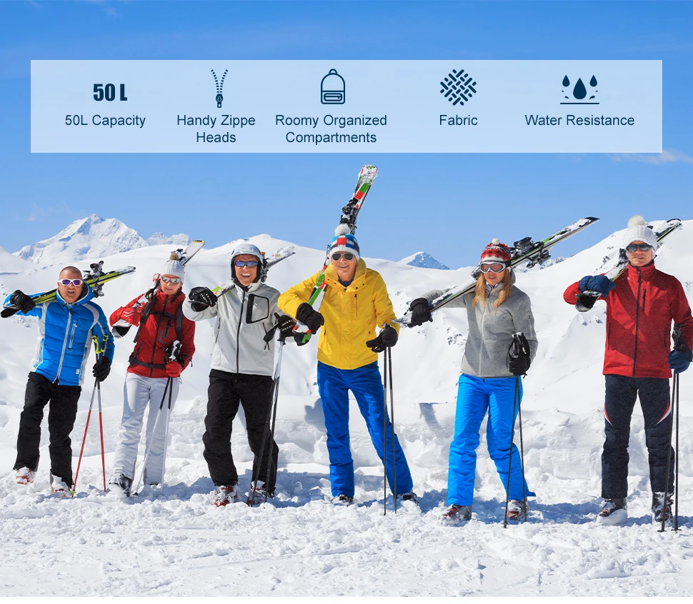 WESTTUNE Skischuh-Tasche, 50 l, großes Fassungsvermögen, Reiserucksack, wasserdichte Tasche für Helm, Schutzbrillen, Handschuhe, Skifahren, Snowboarden und Zubehör – Detail 2