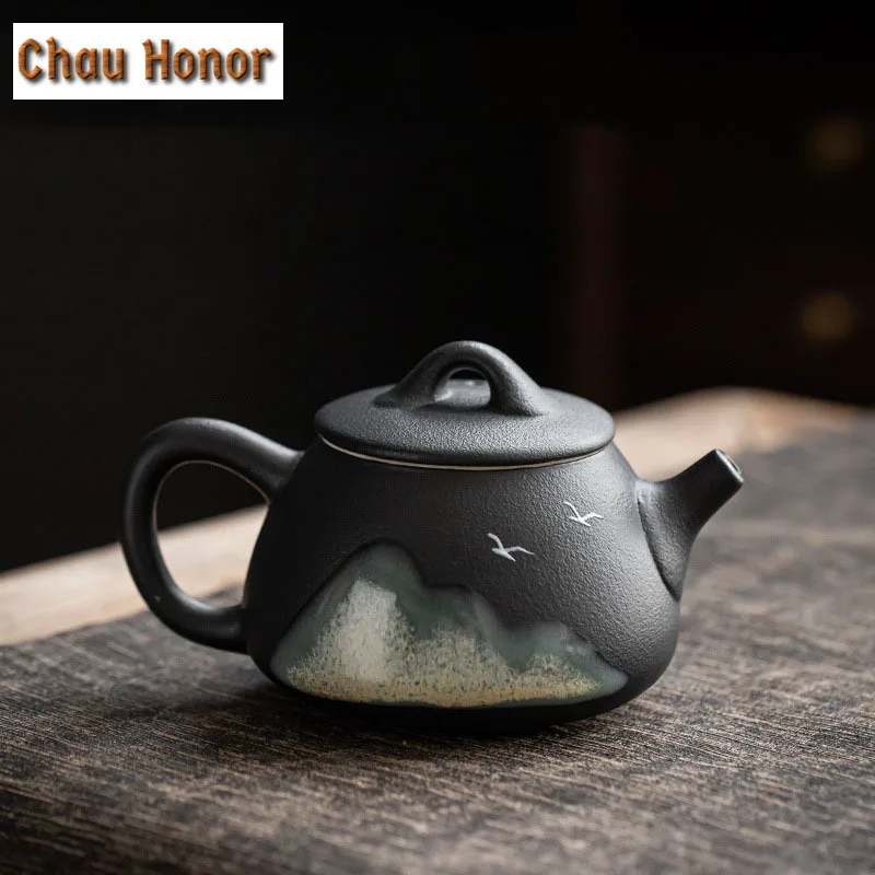 Japanese Balck Coarse Ceramic Teapot Hand Painted Distant Hill Single Pot Tea Maker Teapot Household Kung Fu TeaSet Tea Ceremony