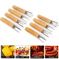 1/2 pcs Corn Holders Stainless Steel Wooden Handle Cob Skewers BBQ Anti Scalding Fruit Forks Outdoor Garden Picnic Cooking Tools