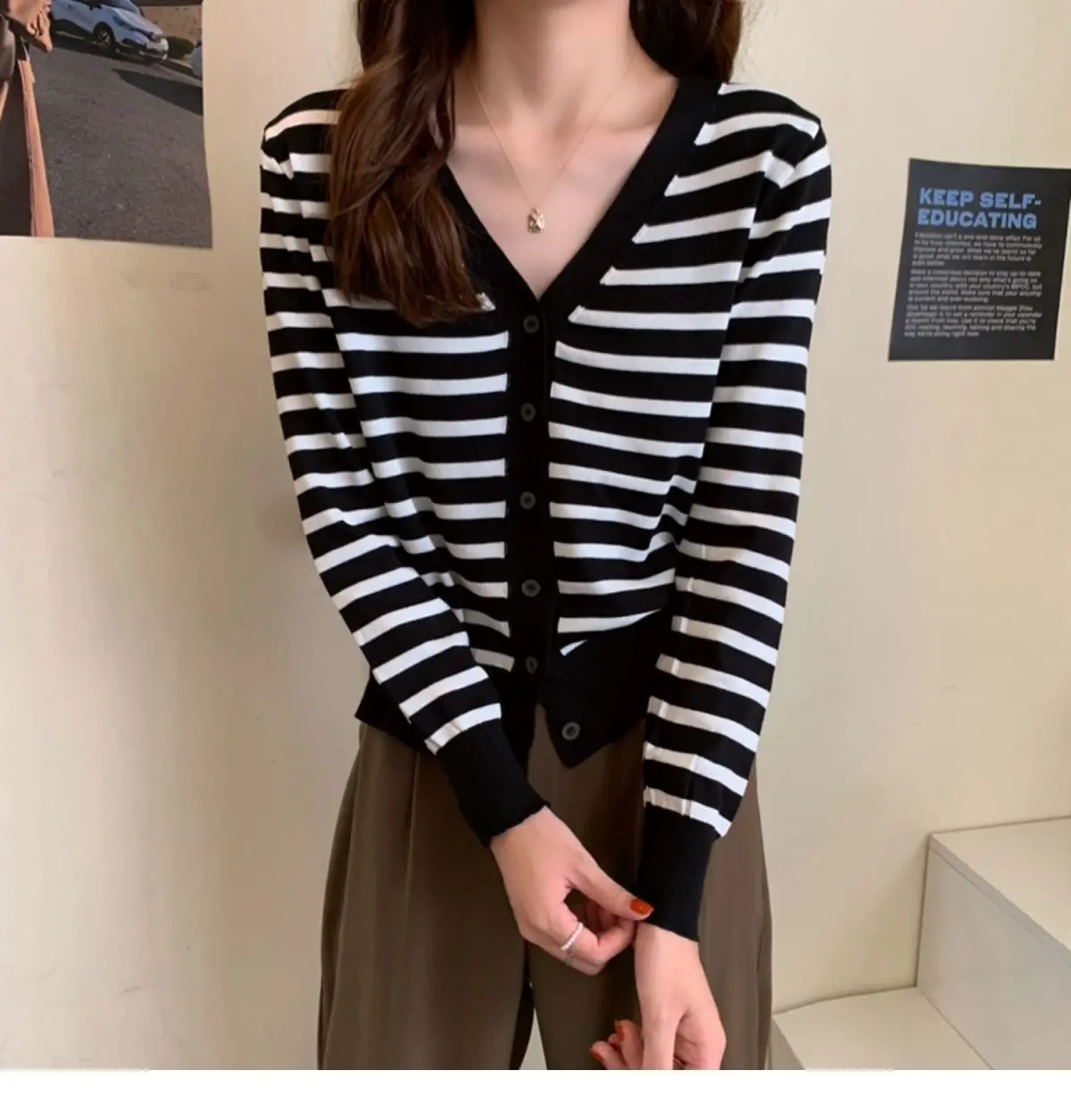 Yasuk Spring Autumn Winter Fashion Casual Zipper Women's Slim Versatile Coat Gentle Female Striped Button Down Cardigan