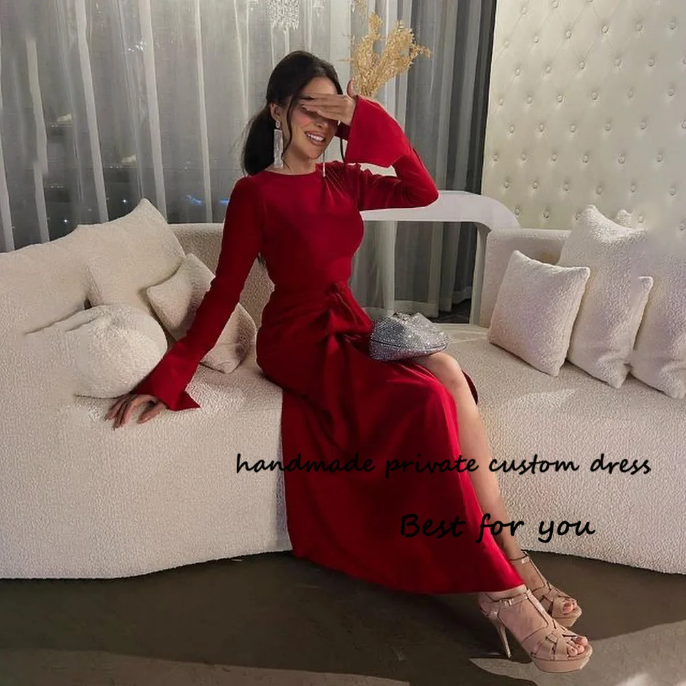 

Burgundy Satin Mermaid Evening Dresses Long Sleeve O Neck Arabic Dubai Prom Party Dress with Slit Wedding Guest Gowns