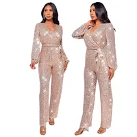 Sliver Bling Bling Sequined Club Jumpsuit Women V-neck Elegant Gold Sparky Sequins Party Romper Overalls - Image 3