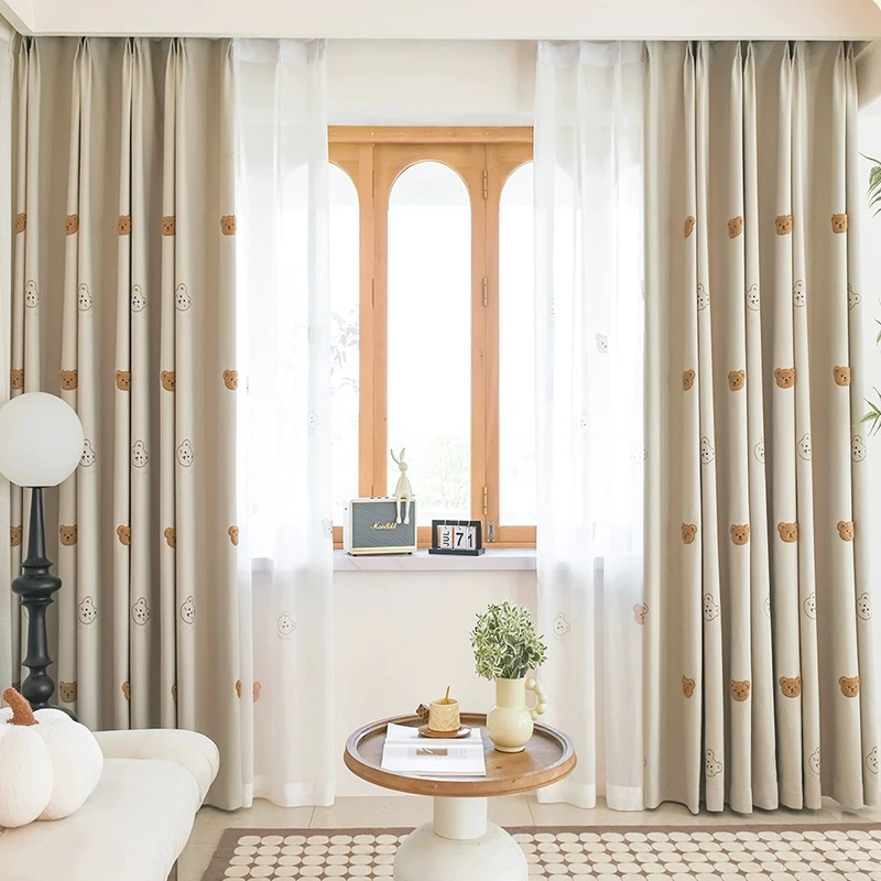 Korean Cartoon Brown Plush Bear Embroidered Curtains Beige High Grade Childrens Curtain For Boy and Girls Room Baby Room Nursery - Image 2