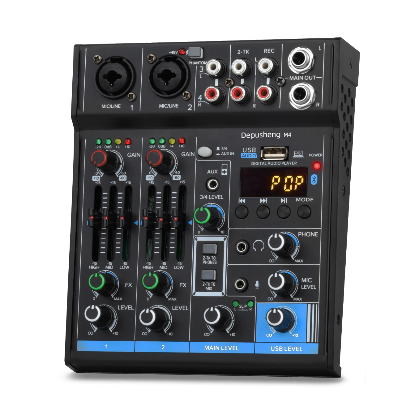 Professional 4 Channel Audio Interface Mini Mixer USB Bluetooth Sound Card 48V Phantom Power