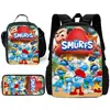 Child School Backpack Cute Cartoon Blue Pixie S-Smurfs with Lunch Bags ,Pencil Bags ,School Bags for Boys Girls Best Gift