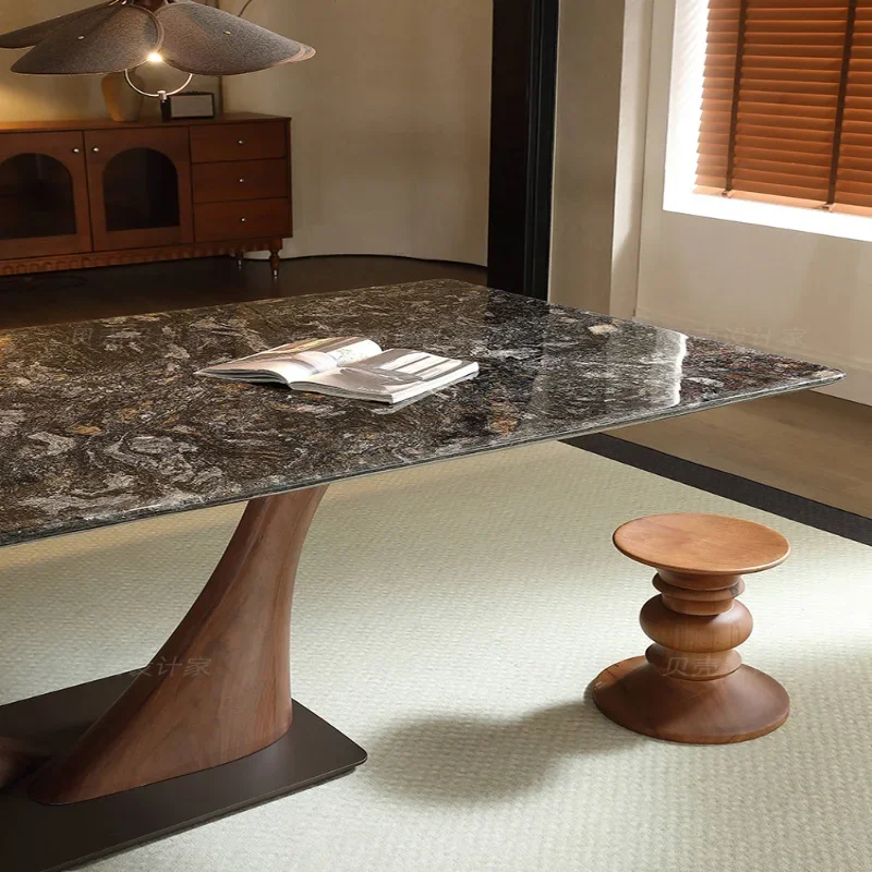 Dining table high-end marble solid wood walnut color Italian minimalist household rectangular dining table