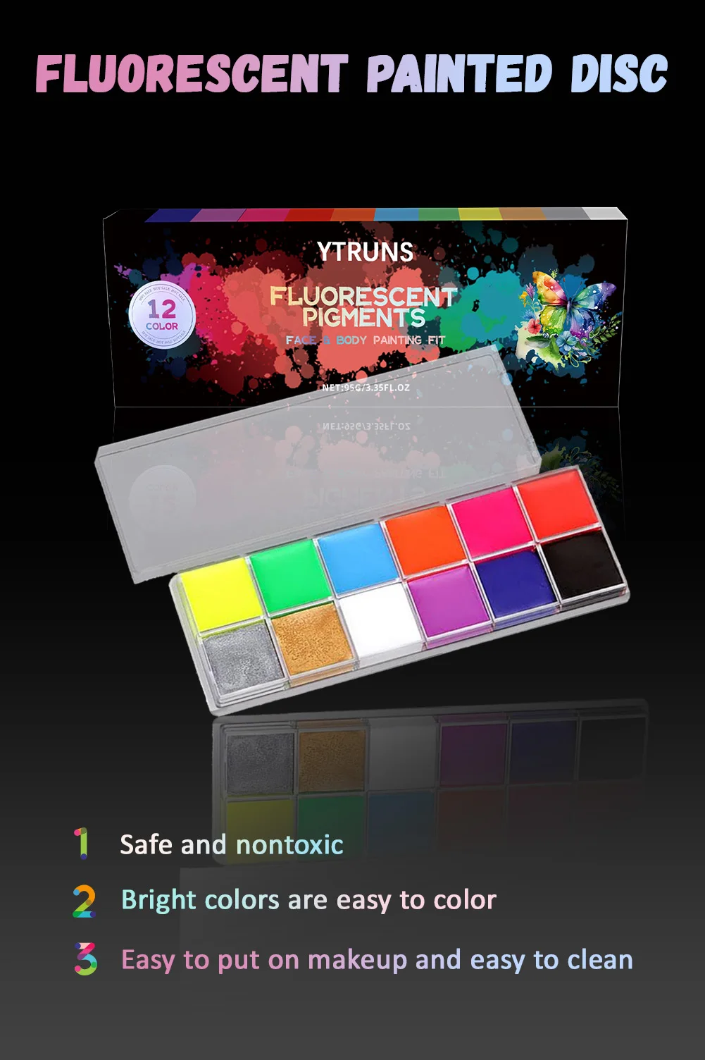 Description Picture 2 of item12-Color UV Glow Face and Body Paint Makeup Palette Set - Vibrant, Waterproof, Long-Lasting Halloween, Cosplay and Costume Makeu