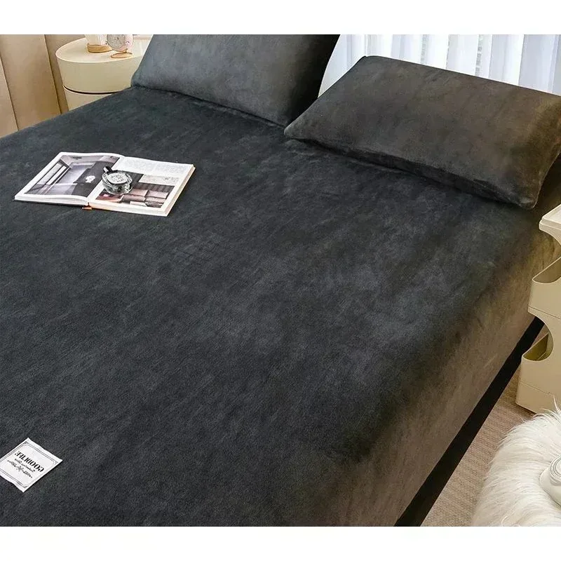 Soft warm plush fitted sheet elastic mattress cover fluffy coral fleece bed linen winter couple luxury double bed bedding 6