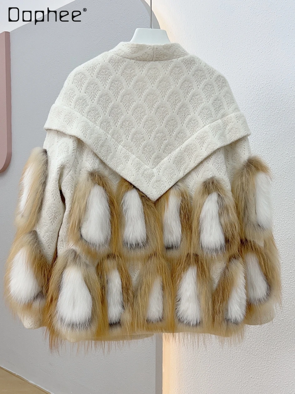 Luxury Woman Fox Fur Real Fur Coat 2023 Winter New Fashion Women's Color Contrast Patchwork Coarse Wool Mid-Length Fur Jacket