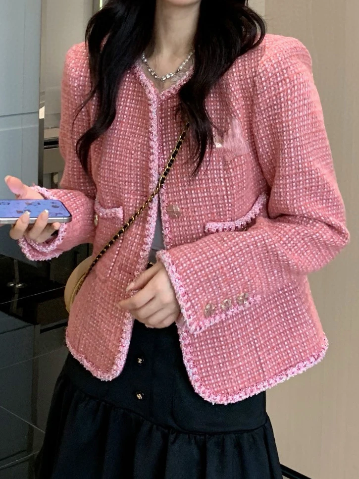 

Office Lady Sweet Pink Wool Coat Female Clothing 2024 New Spring Autumn Jacket Women Tops Tweed Jacket Ladies Chaquetas Mujer