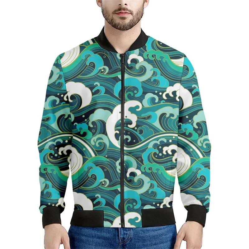 thumbnail image 1 of Chaqueta con cremallera con estampado de olas del océano vintage para hombre, chaqueta holgada informal de manga larga con estampado 3D de autobús de la paz y plumas, abrigo de calle, 1 of 5