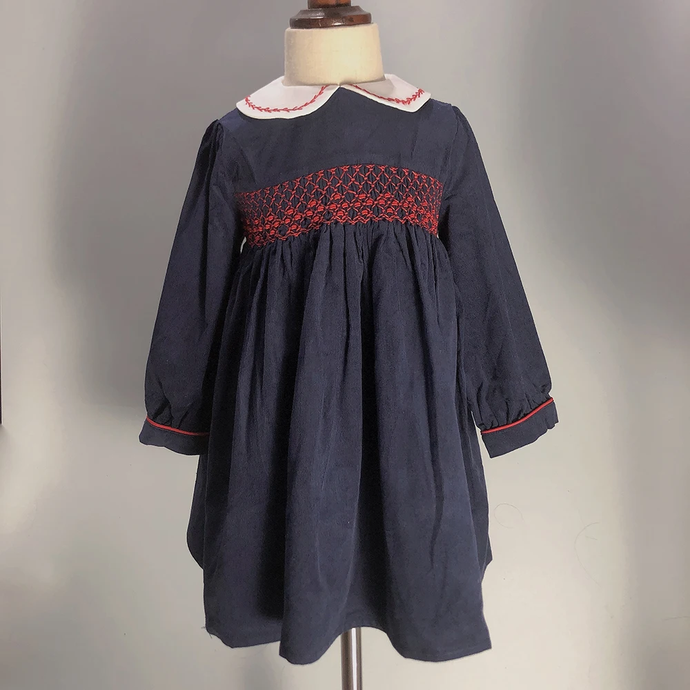Girls Corduroy Dress Handmade Smocked Long Sleeve Navy Blue Skirt Princess  Holiday Children Boutique Eid Clothes For 2Y-6Y - AliExpress 1501