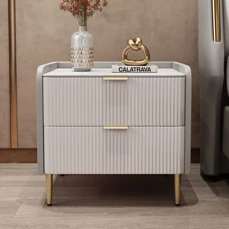 Light luxury minimalist modern Nordic all solid wood bedside table complete set of slate leather net red bedroom storage cabinet