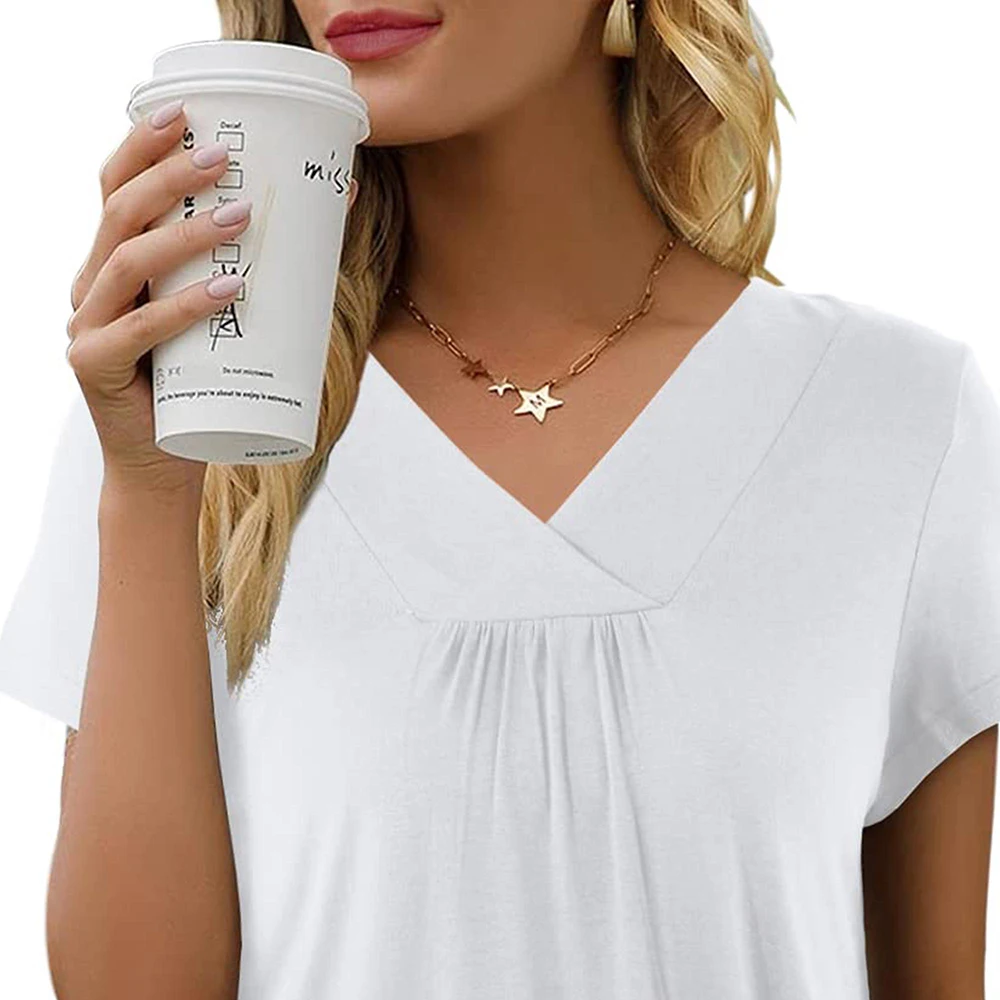 Damen Elegant Loose Fit Kurzarm Frühling T-Shirt V-Ausschnitt Casual Loose Basic Tunika Top Sommer Baumwollmischung Bluse Free87_voghion.com