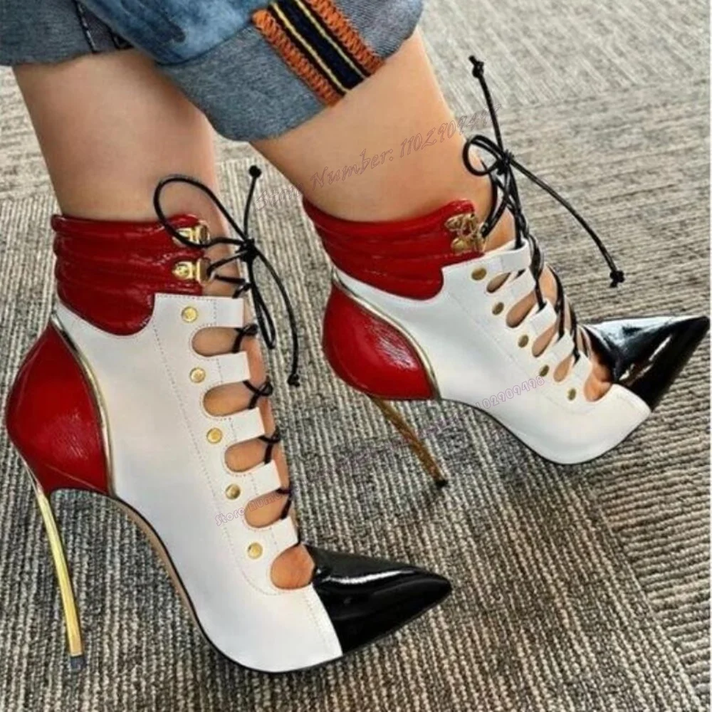 Hollow Out Metal Heel Ankle Boots Patchwork Pointed Toe Shoes for Women Thin High Heels Sexy Lady Shoes 2023 Zapatos Para Mujere