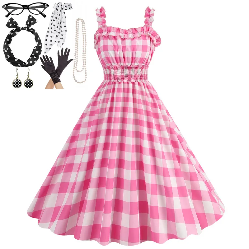 

7pc/set Women Barbiepink Rockabilly Flare Dress Polka Dot with Jewelry Set 1950s 50s Audrey Hepburn Retro Vintage Party Dresses