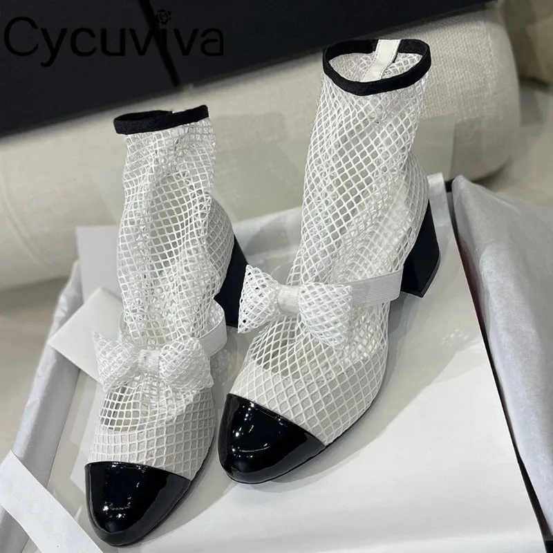 

White Net Mesh Summer Ankle Boots Gladiator Sandals Women Chunky Middle Heel Hollow Out Dress Shoes Sexy Runway Party Net Boots