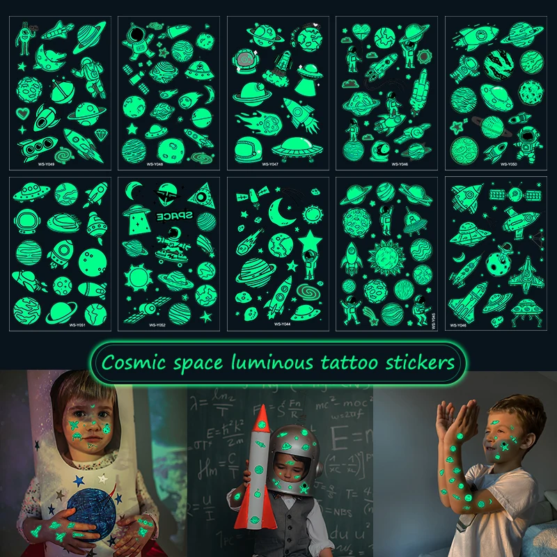 Luminous Tattoo Stickers Children Cartoon Universe Space Temporary Tattoo Glow Paste On Face Arm Leg For Kids Gift 10 Sheets/Set