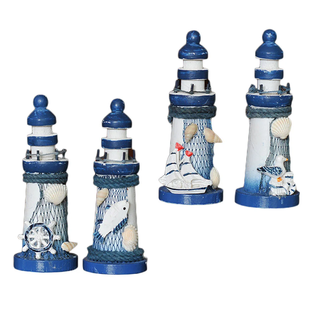 

4 Pcs Mini Lighthouse Table Decor Decorative Adornment Mediterranean Desktop Crafts Wooden Office