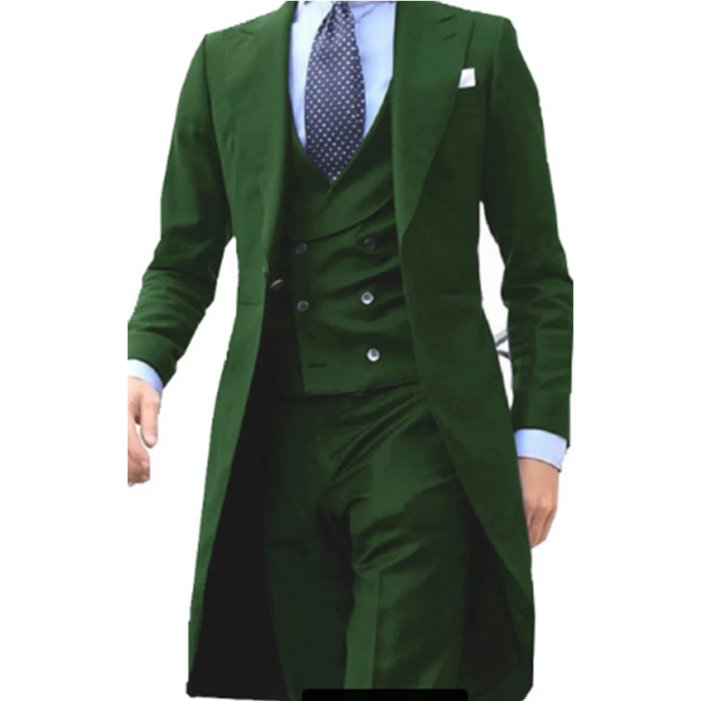 Mens Suit Long Coat Designs Chinese Red Men Suit Gentle Tuxedo Prom Blazer 3 Pieces (Jacket + Vest + Pants)