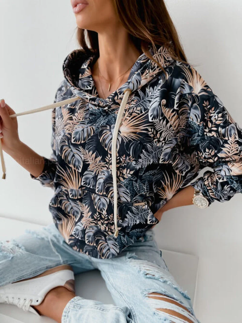 FashionPrinted Loose Bat Sleeve Long Sleeve Ladies Straight Casual Loose Hooded Sweater Pullover Sweatshirt Harajuku Korean Top