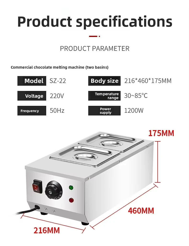 JH Stainless Steel Chocolate Melter 2/3/4 Pots 1200W 30-85℃ Temp Control Commerc