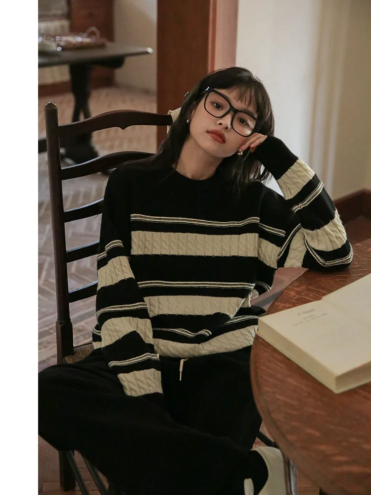 

Sandro Rivers 2022 New Style Wool Fried Dough Twist Stripe Sweater Wear Inside And Outside Women's Slouchy Loose Top