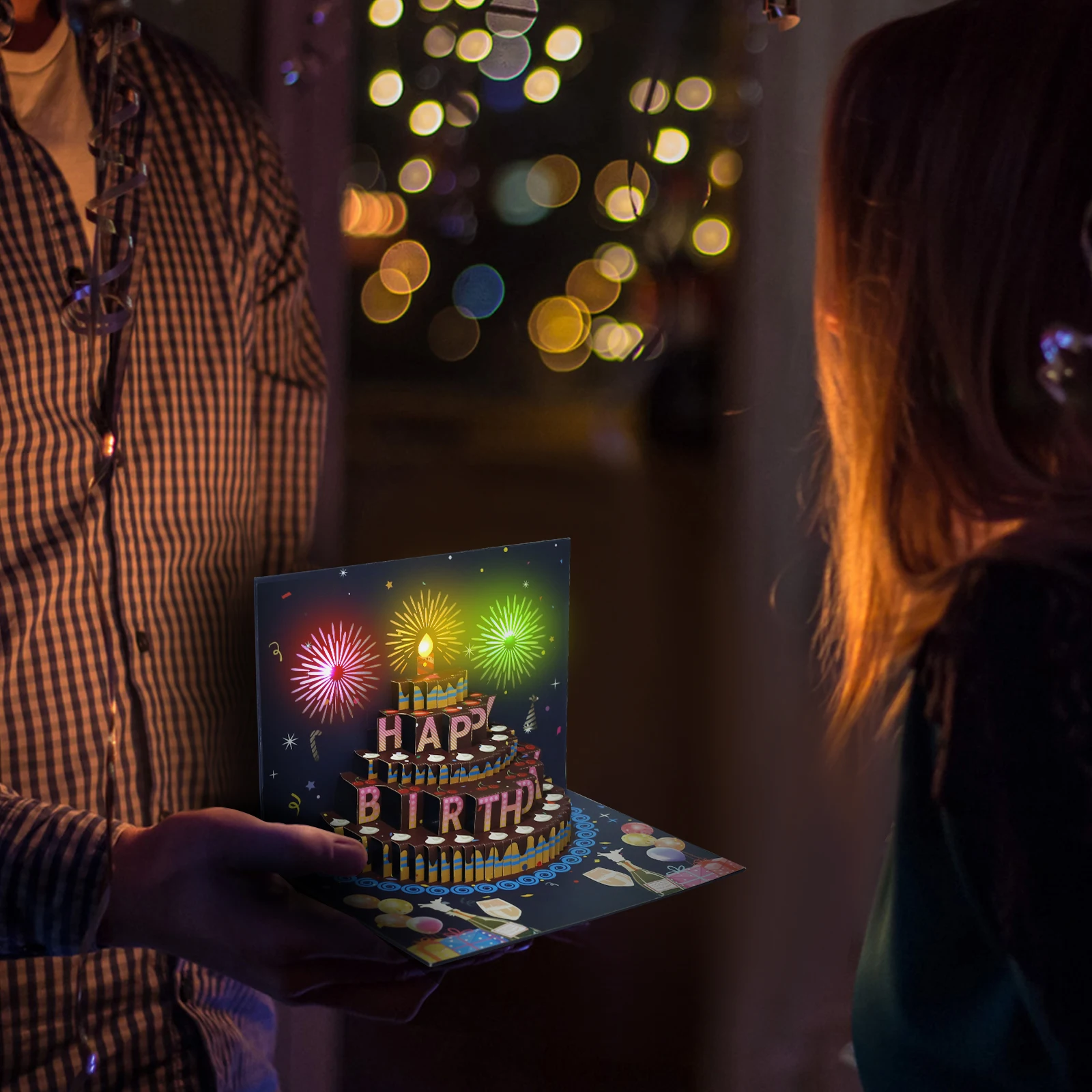 3D Light Music Birthday Card Pop Up Cake Creative Greeting Card Firework Cards Happy Birthday Party Girl Wife Gift Message Cards